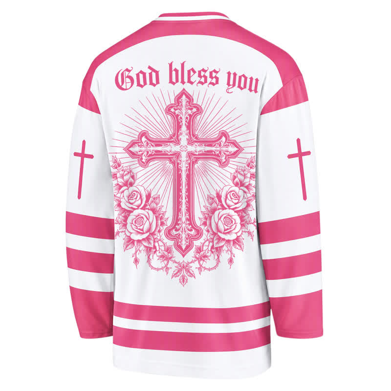 Christianartworkshop Saint Believe In Christ Pink Long Sleeve Hockey Jersey - image 1