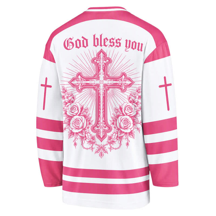 Christianartworkshop Saint Believe In Christ Pink Long Sleeve Hockey Jersey - image 1