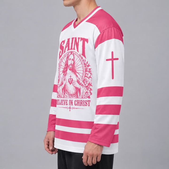 Christianartworkshop Saint Believe In Christ Pink Long Sleeve Hockey Jersey - image 5