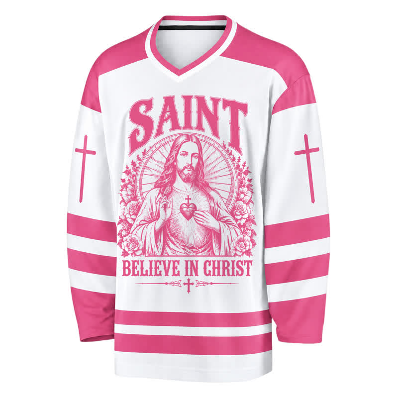 Christianartworkshop Saint Believe In Christ Pink Long Sleeve Hockey Jersey - image 2
