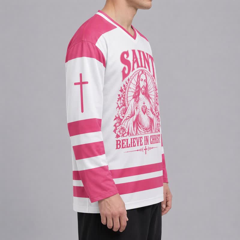 Christianartworkshop Saint Believe In Christ Pink Long Sleeve Hockey Jersey - image 6