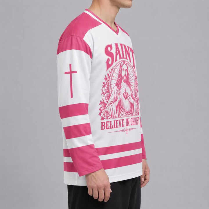 Christianartworkshop Saint Believe In Christ Pink Long Sleeve Hockey Jersey - image 6