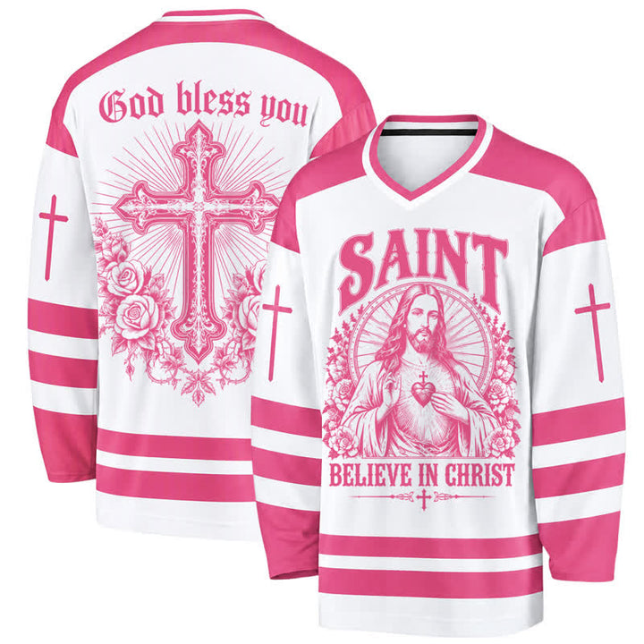 Christianartworkshop Saint Believe In Christ Pink Long Sleeve Hockey Jersey - 5XL - image 0