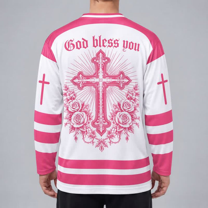 Christianartworkshop Saint Believe In Christ Pink Long Sleeve Hockey Jersey - image 3