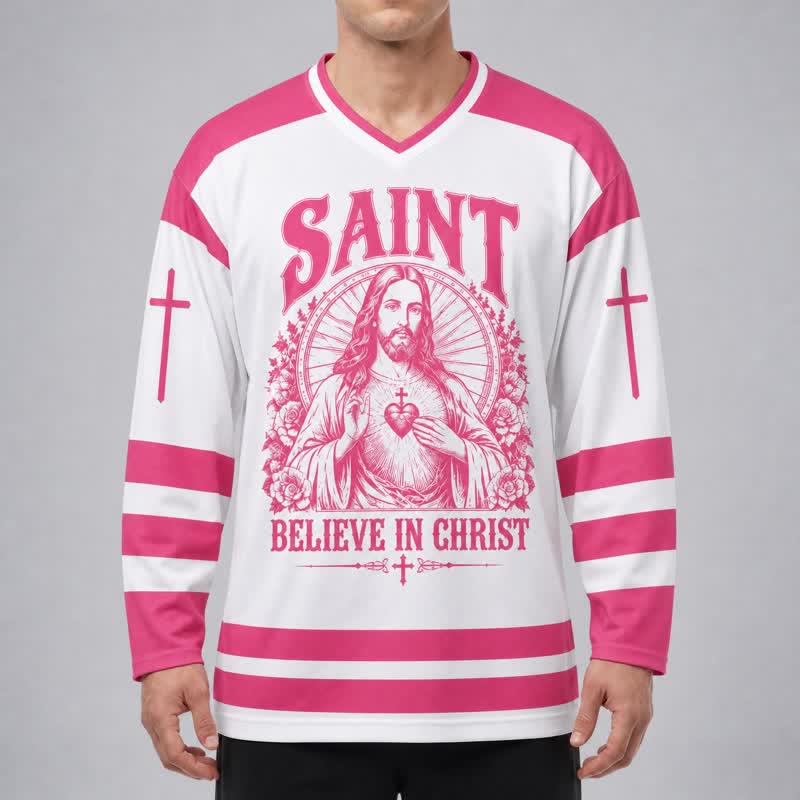 Christianartworkshop Saint Believe In Christ Pink Long Sleeve Hockey Jersey - image 4
