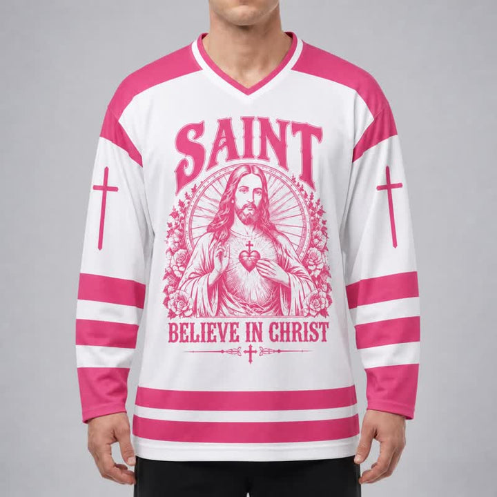 Christianartworkshop Saint Believe In Christ Pink Long Sleeve Hockey Jersey - image 4