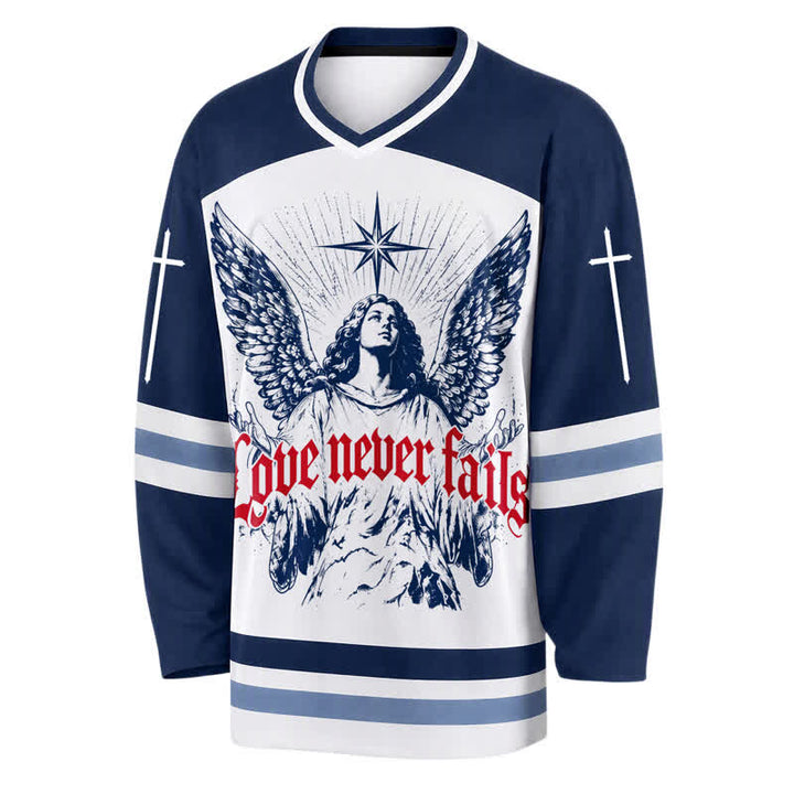 Christianartworkshop Love Never Fails Angel Wings Navy Hockey Jersey - image 2