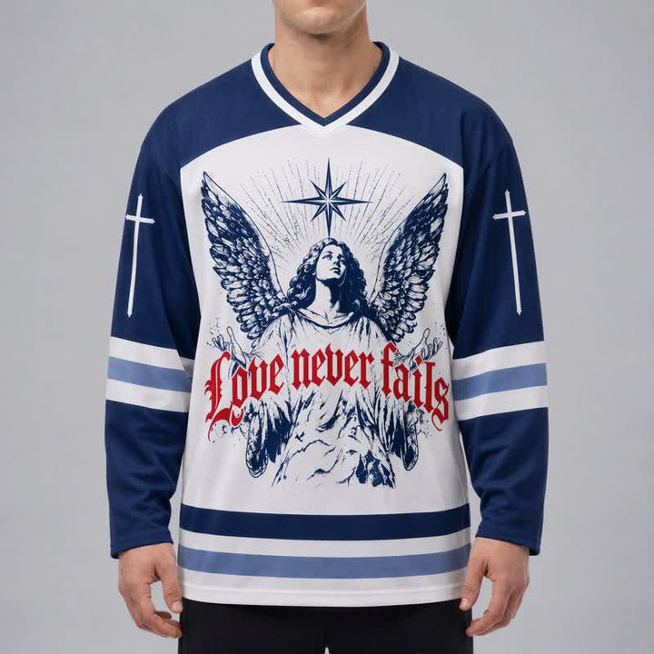 Christianartworkshop Love Never Fails Angel Wings Navy Hockey Jersey - image 4