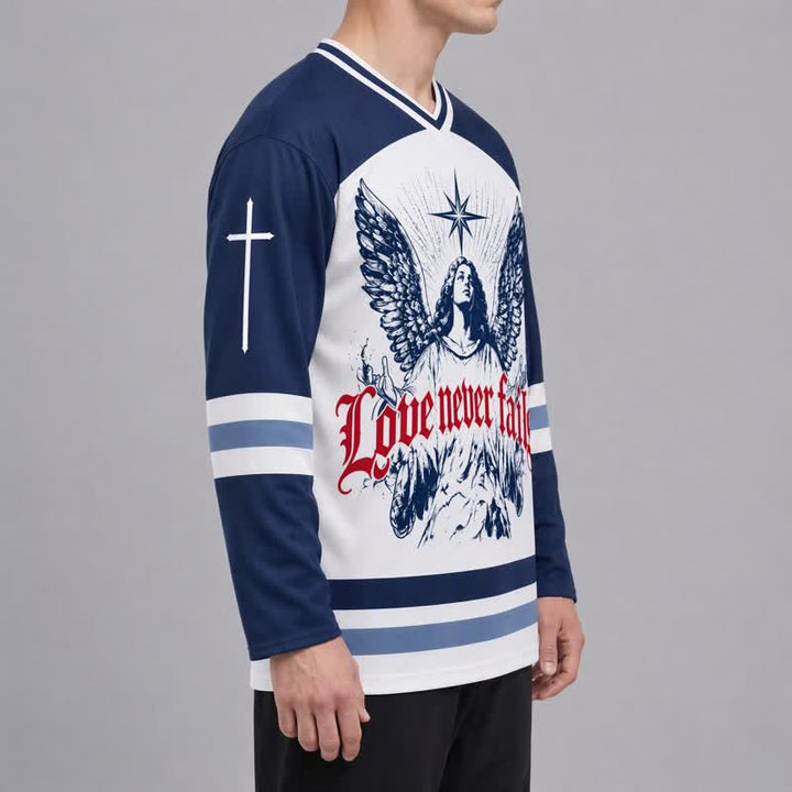 Christianartworkshop Love Never Fails Angel Wings Navy Hockey Jersey - image 6
