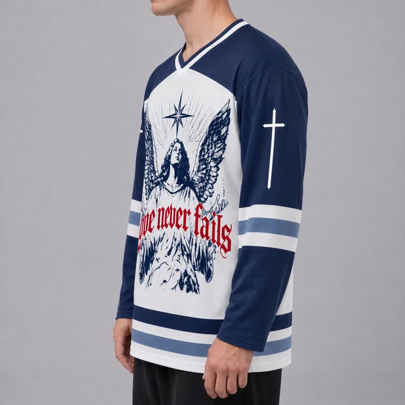 Christianartworkshop Love Never Fails Angel Wings Navy Hockey Jersey - image 5