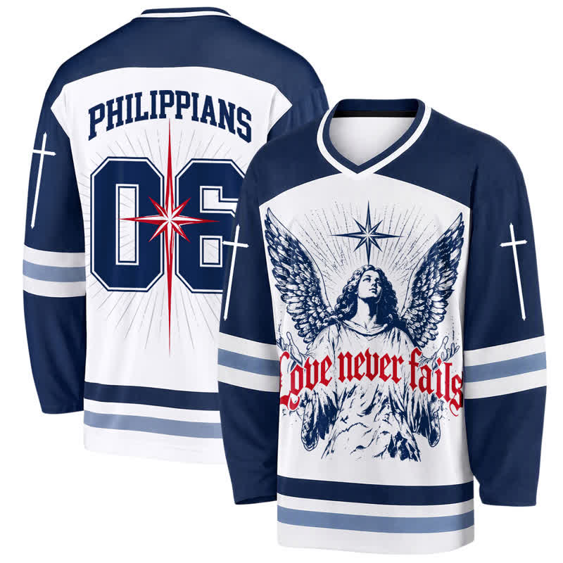 Christianartworkshop Love Never Fails Angel Wings Navy Hockey Jersey - 5XL - image 0