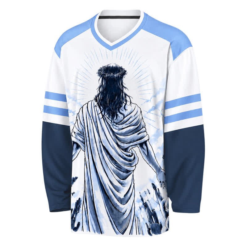 Christianartworkshop In Christ Blue Colorblock Long Sleeve Hockey Jersey - image 2