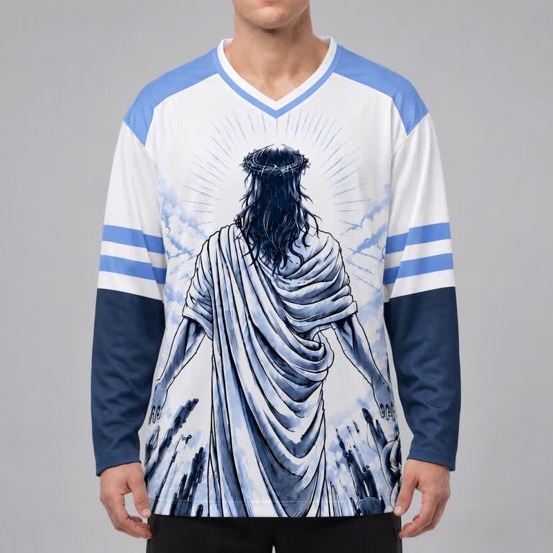Christianartworkshop In Christ Blue Colorblock Long Sleeve Hockey Jersey - image 4