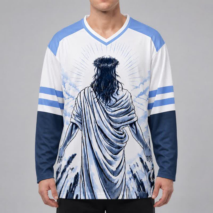Christianartworkshop In Christ Blue Colorblock Long Sleeve Hockey Jersey - image 4