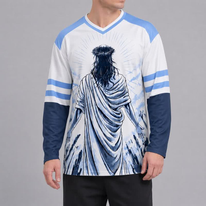 Christianartworkshop In Christ Blue Colorblock Long Sleeve Hockey Jersey - image 6