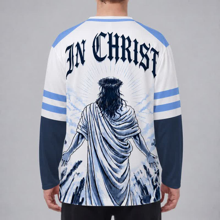 Christianartworkshop In Christ Blue Colorblock Long Sleeve Hockey Jersey - image 3