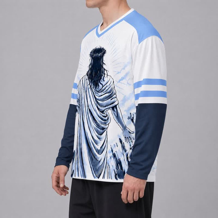Christianartworkshop In Christ Blue Colorblock Long Sleeve Hockey Jersey - image 5