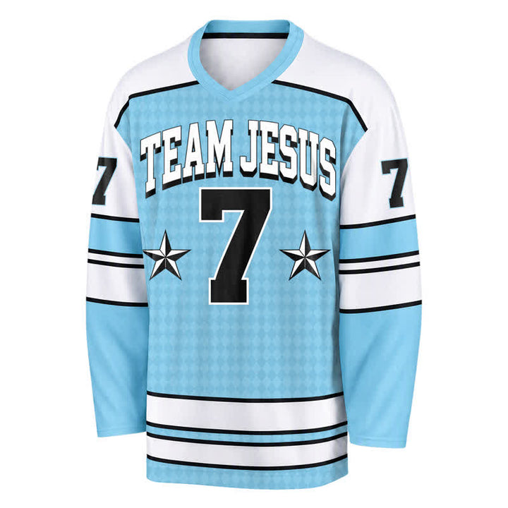 Christianartworkshop Team Jesus Blue Victory Long Sleeve Hockey Jersey - image 2
