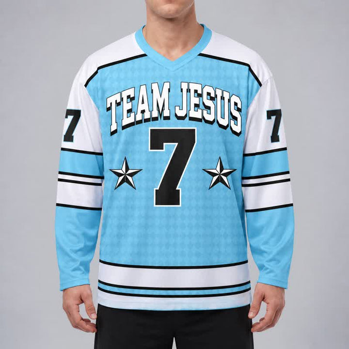 Christianartworkshop Team Jesus Blue Victory Long Sleeve Hockey Jersey - image 4