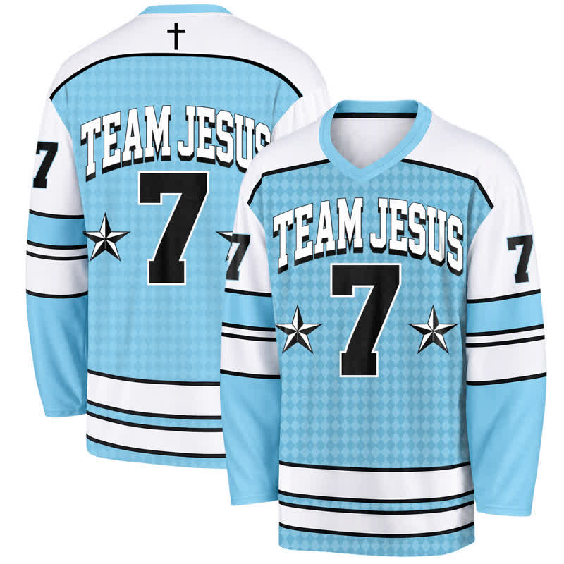 Christianartworkshop Team Jesus Blue Victory Long Sleeve Hockey Jersey - 5XL - image 0