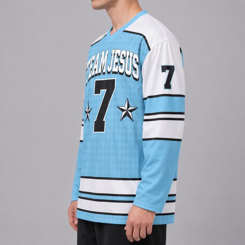 Christianartworkshop Team Jesus Blue Victory Long Sleeve Hockey Jersey - image 5