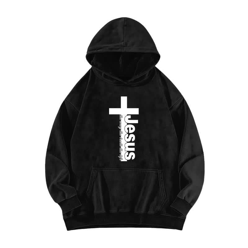 Christianartworkshop Jesus Cross Vintage Washed Streetwear Fleece Hoodie - Black - 5XL - image 1