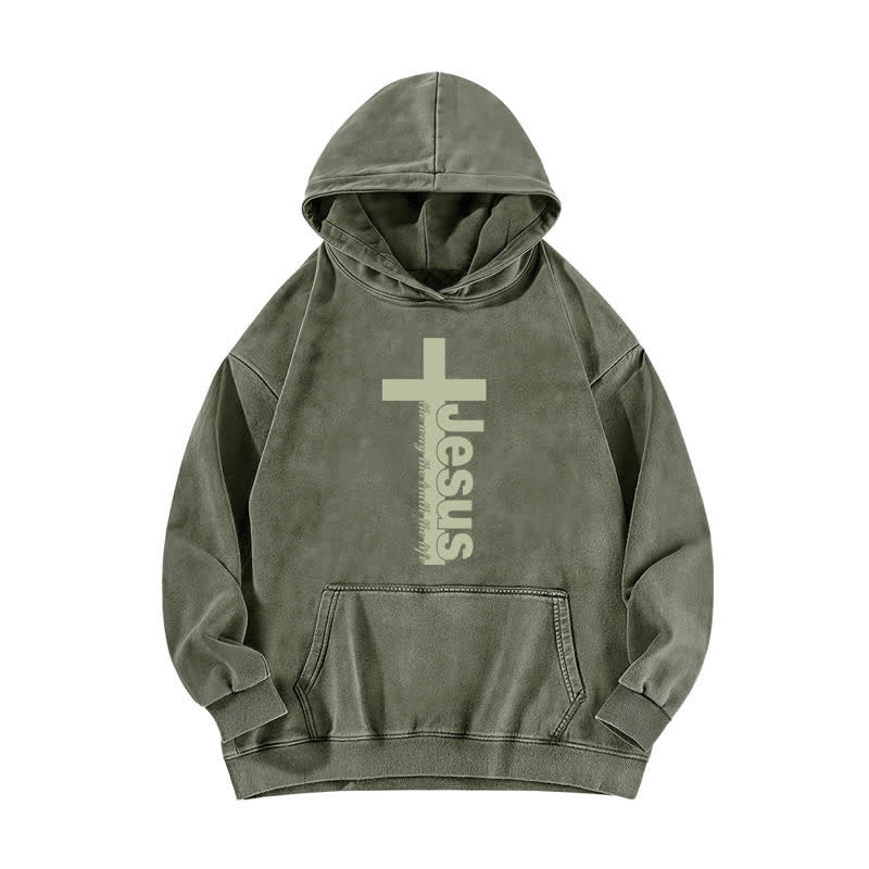 Christianartworkshop Jesus Cross Vintage Washed Streetwear Fleece Hoodie - Army Green - 5XL - image 0
