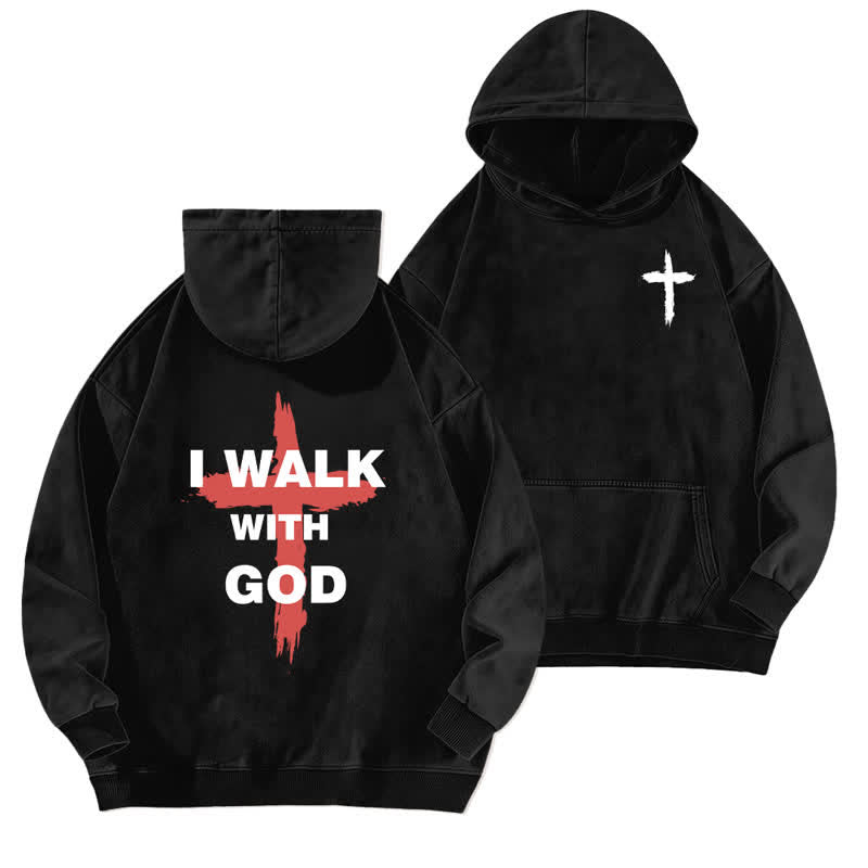 Christianartworkshop I Walk With God Cross Graphic Washed Hoodie - Black - 5XL - image 0