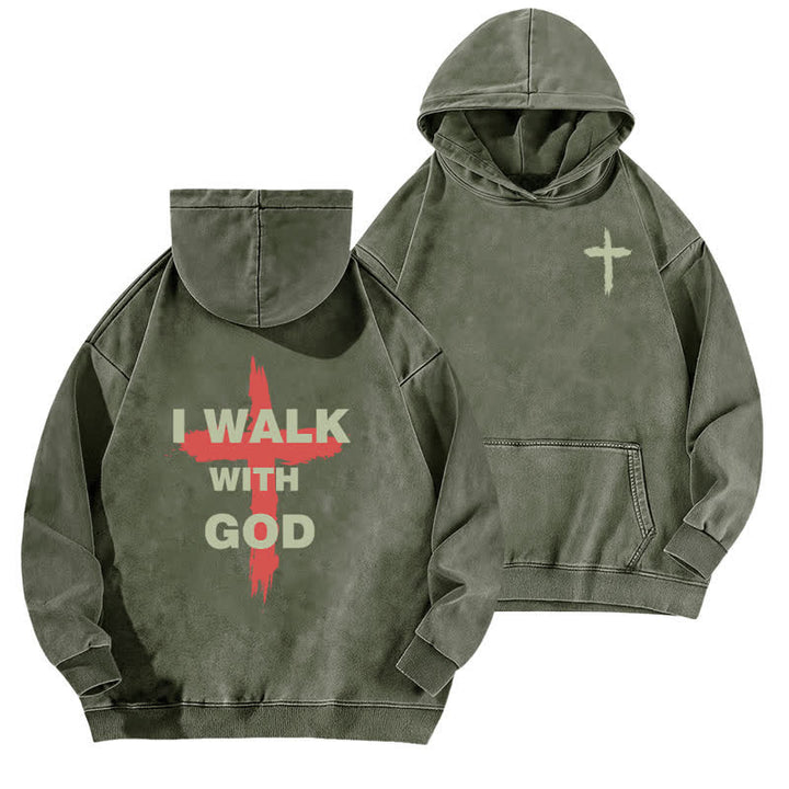 Christianartworkshop I Walk With God Cross Graphic Washed Hoodie - Army Green - 5XL - image 12