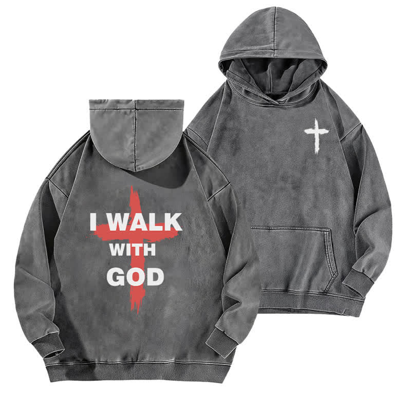 Christianartworkshop I Walk With God Cross Graphic Washed Hoodie - Grey - 5XL - image 6
