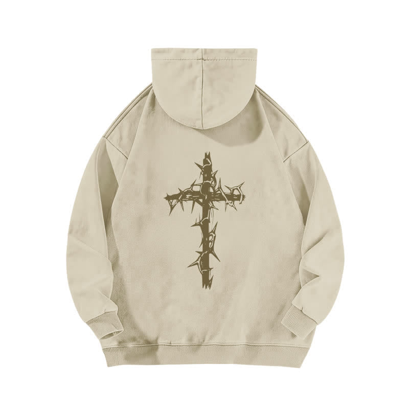 Christianartworkshop Thorn Cross Vintage Beige Front And Back Washed Hoodie - image 1