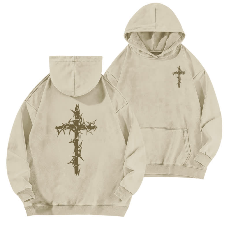 Christianartworkshop Thorn Cross Vintage Beige Front And Back Washed Hoodie - Apricot - 5XL - image 0