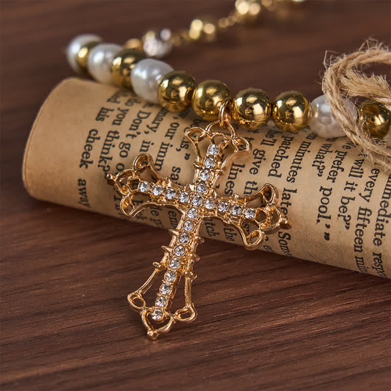 FREE Today: Imitation Pearl Beaded Alloy Necklace With Zircon Inlaid Cross - image 7