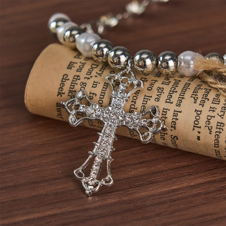 Christianartworkshop Imitation Pearl Beaded Alloy Necklace With Crystal Inlaid Cross - image 2