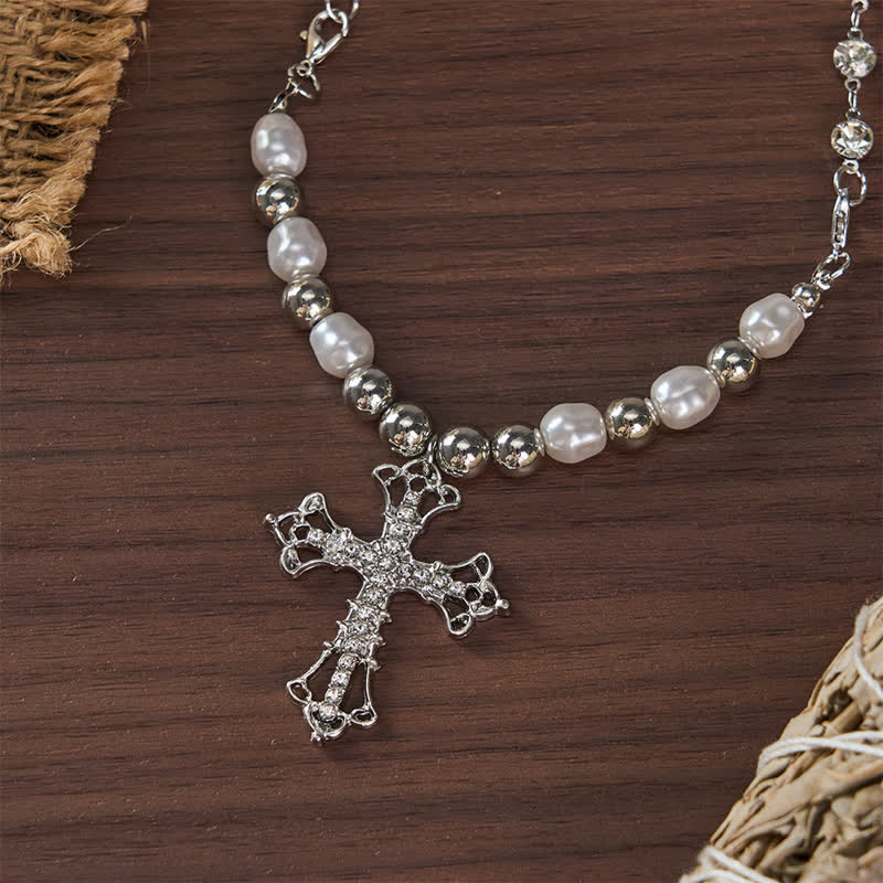 Christianartworkshop Imitation Pearl Beaded Alloy Necklace With Crystal Inlaid Cross - Silver - image 0