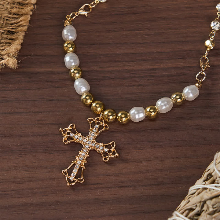 Christianartworkshop Imitation Pearl Beaded Alloy Necklace With Crystal Inlaid Cross - Golden - image 6