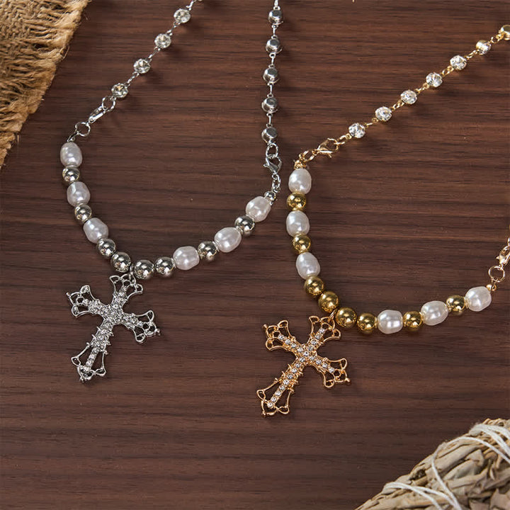 FREE Today: Imitation Pearl Beaded Alloy Necklace With Zircon Inlaid Cross - image 1