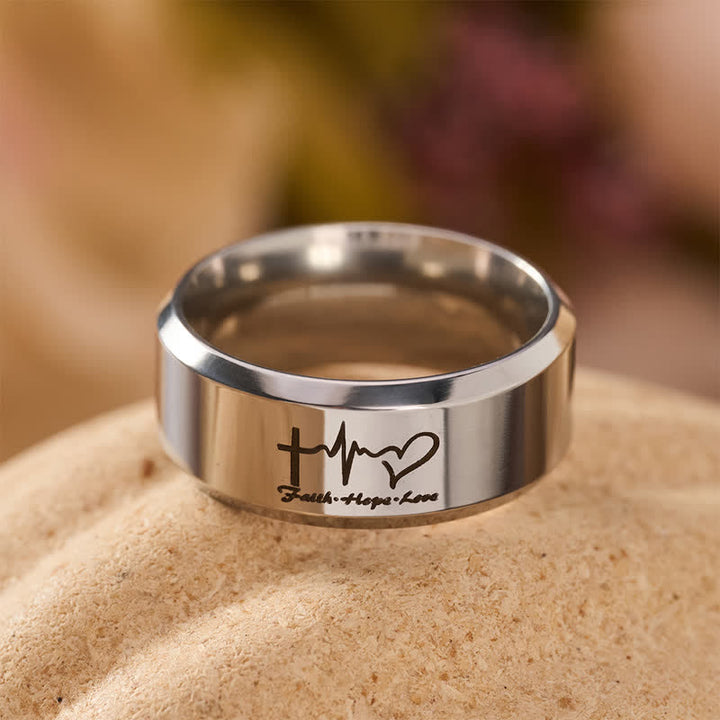 Christianartworkshop Faith Hope Love ECG Engraved Stainless Steel Band Ring - Silver - US 13 - image 0