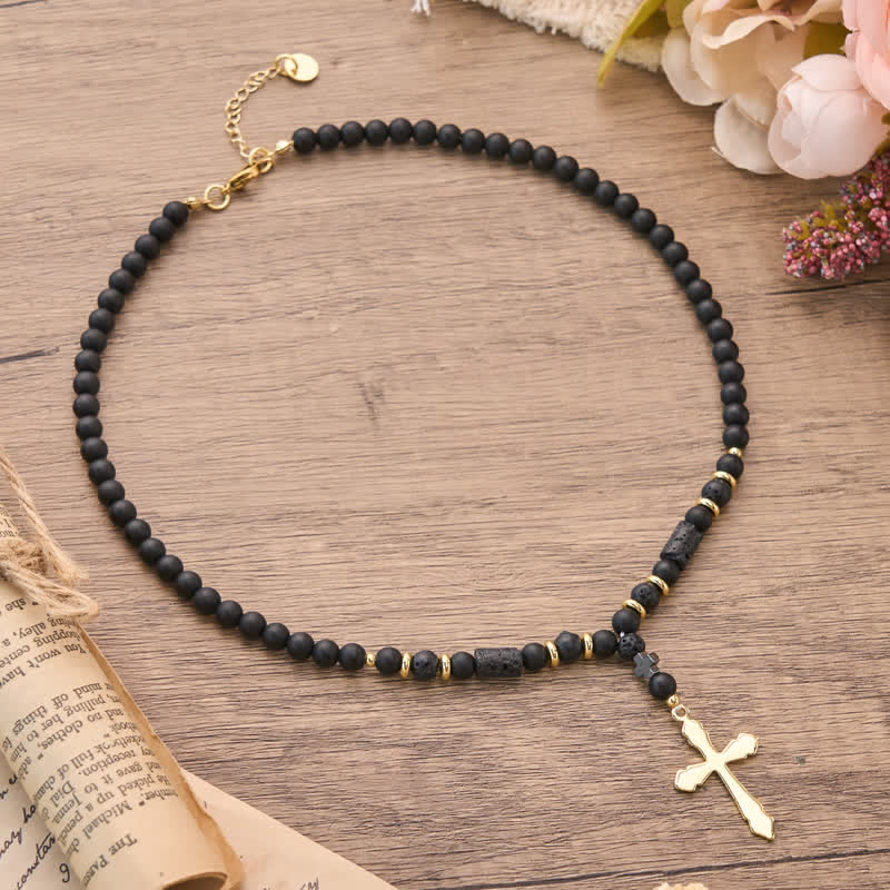 Christianartworkshop Textured Stone Bead Stainless Steel Cross Necklace - Cross B - image 3
