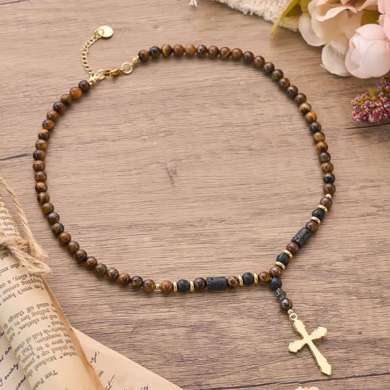 Christianartworkshop Textured Stone Bead Stainless Steel Cross Necklace - Cross A - image 1