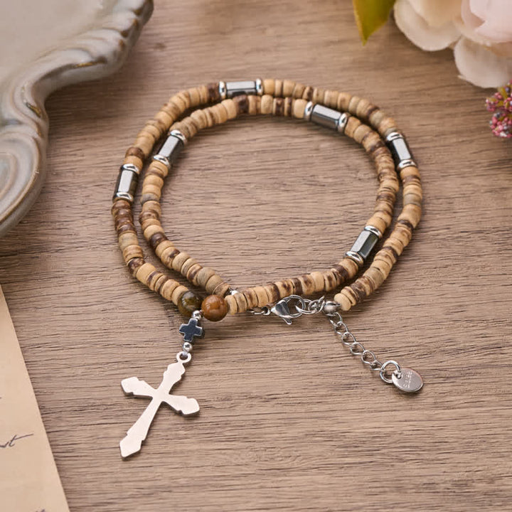 FREE Today: Textured Stone Bead Stainless Steel Cross Necklace - image 6