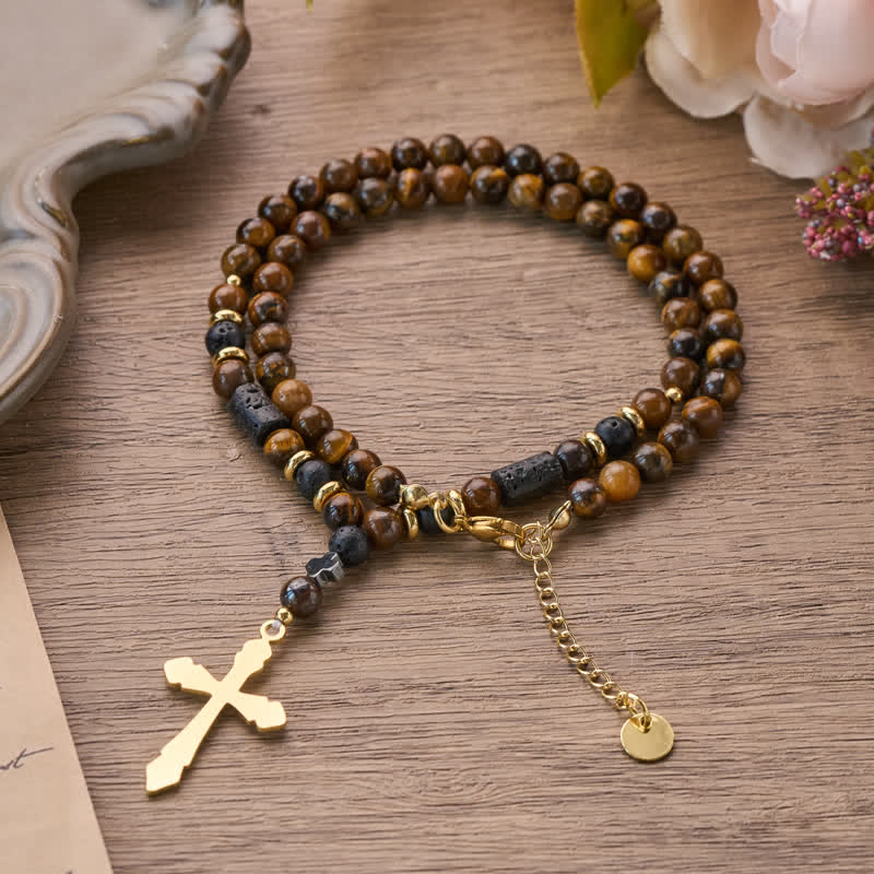 Christianartworkshop Textured Stone Bead Stainless Steel Cross Necklace - image 2