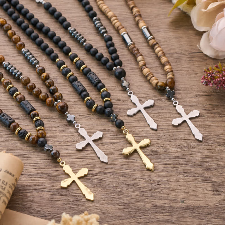 FREE Today: Textured Stone Bead Stainless Steel Cross Necklace - image 0
