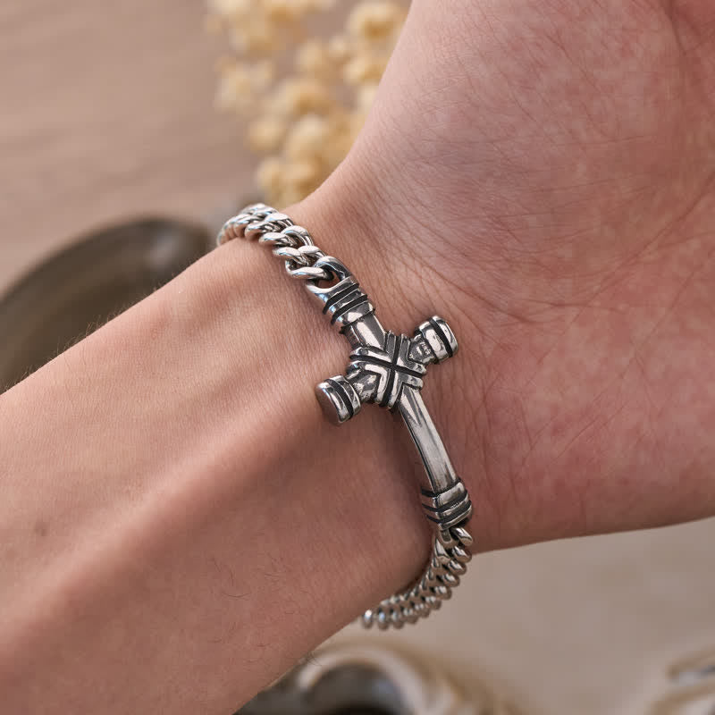 FREE Today: Antiqued Engraved Cross Cuban Bracelet: Beacon of Timeless Celestial Fortitude - image 1