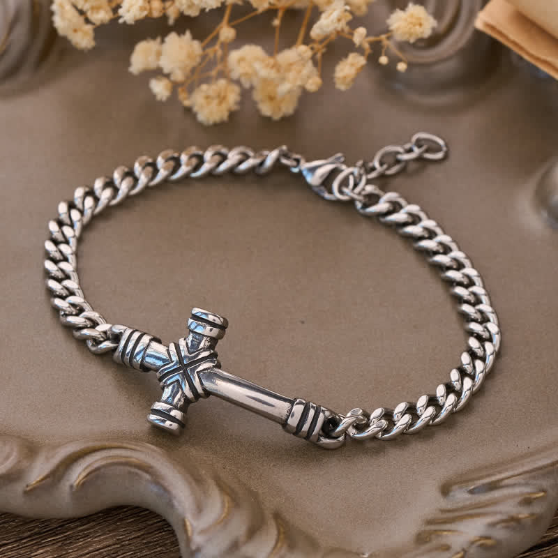 FREE Today: Antiqued Engraved Cross Cuban Bracelet: Beacon of Timeless Celestial Fortitude - Cross - image 0