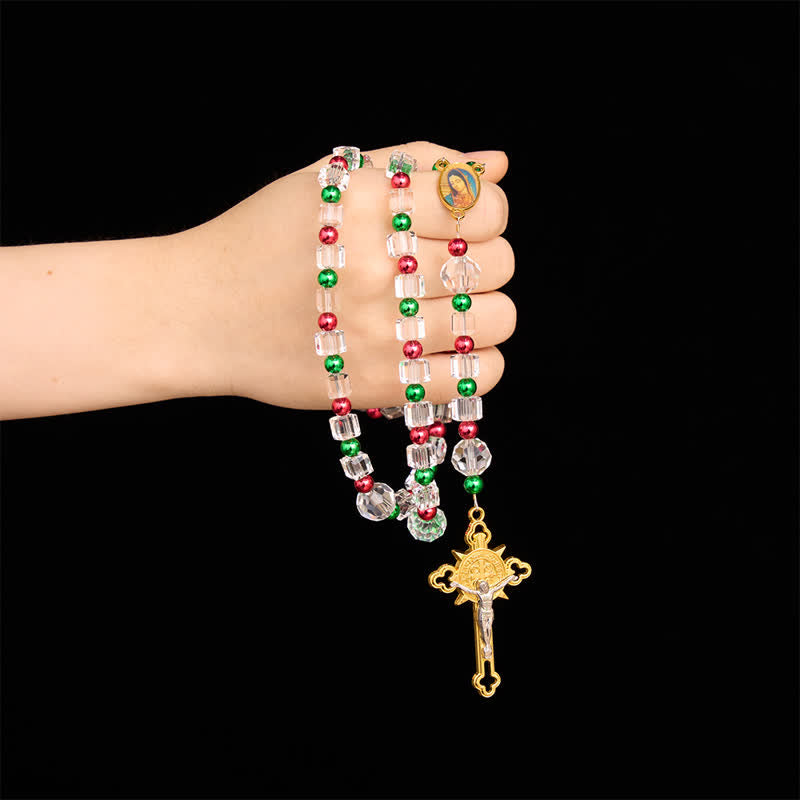 Christianartworkshop Red Green Festive Clear Cube Transparent Rosary With Marian Medal & Gilded Crucifix - image 1
