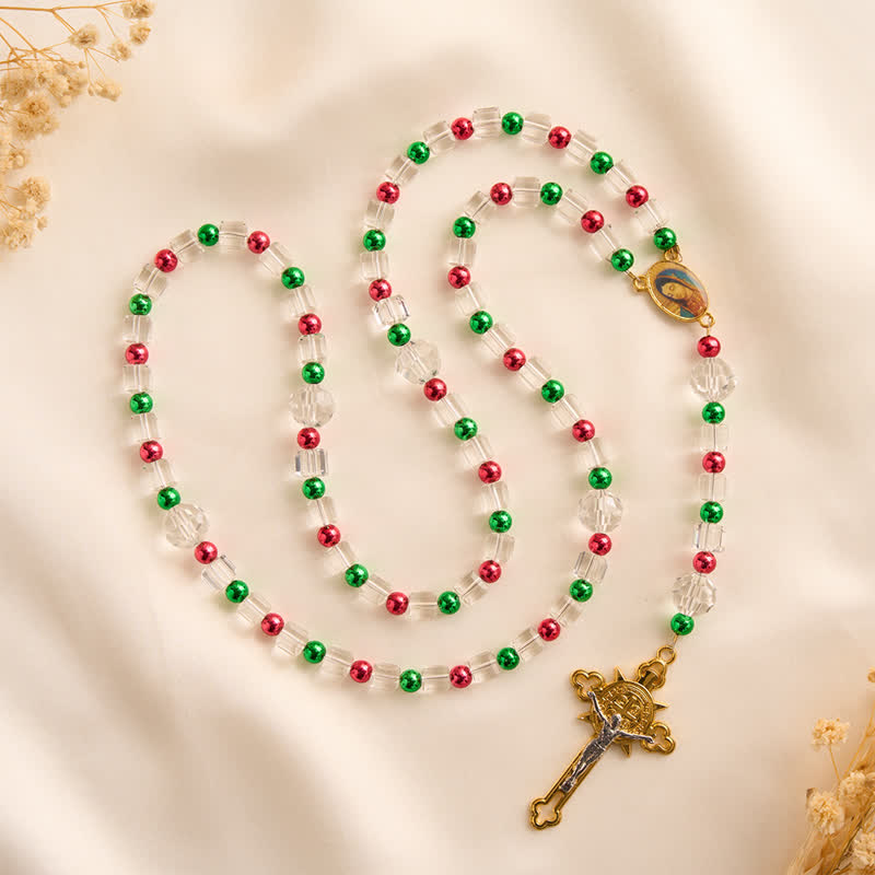 Christianartworkshop Red Green Festive Clear Cube Transparent Rosary With Marian Medal & Gilded Crucifix - image 2