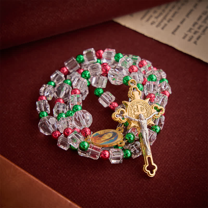 FREE Today: Red Green Festive Clear Cube Transparent Rosary With Marian Medal & Gilded Crucifix - image 6