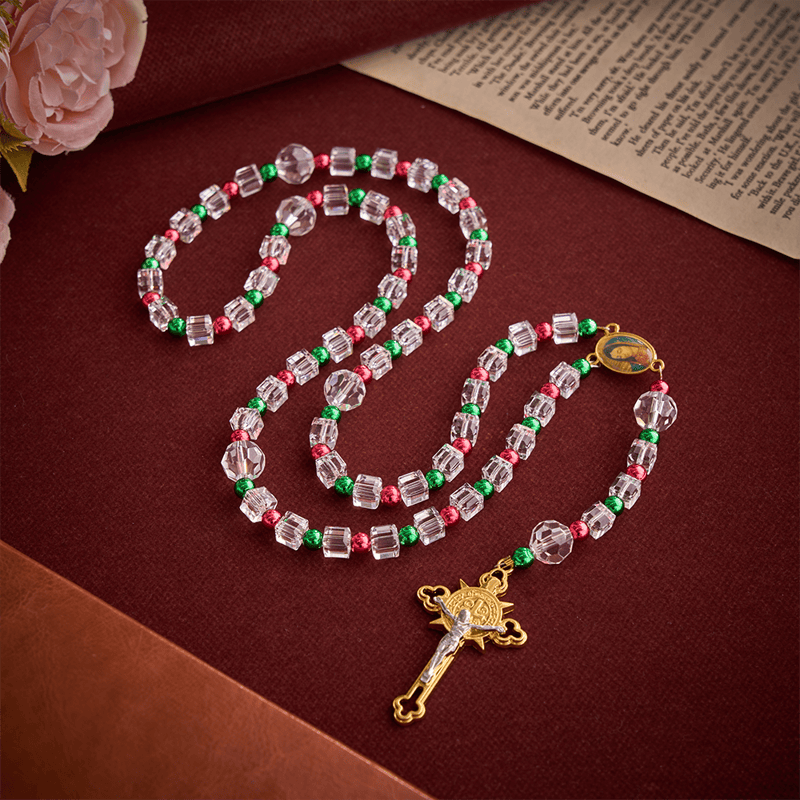 Christianartworkshop Red Green Festive Clear Cube Transparent Rosary With Marian Medal & Gilded Crucifix - image 4