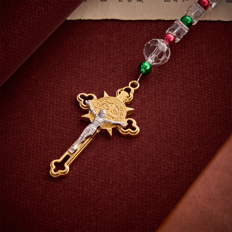 Christianartworkshop Red Green Festive Clear Cube Transparent Rosary With Marian Medal & Gilded Crucifix - image 9